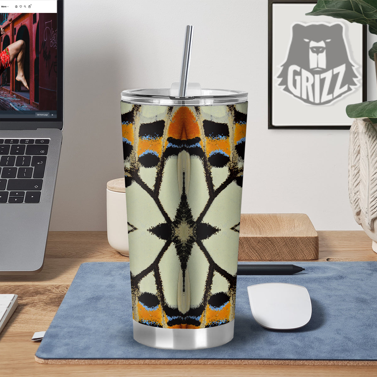 Butterfly Wing Skin White Orange Print Tumbler-grizzshop