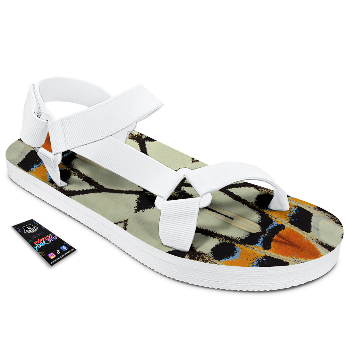 Butterfly Wing Skin White Orange Print White Open Toe Sandals-grizzshop