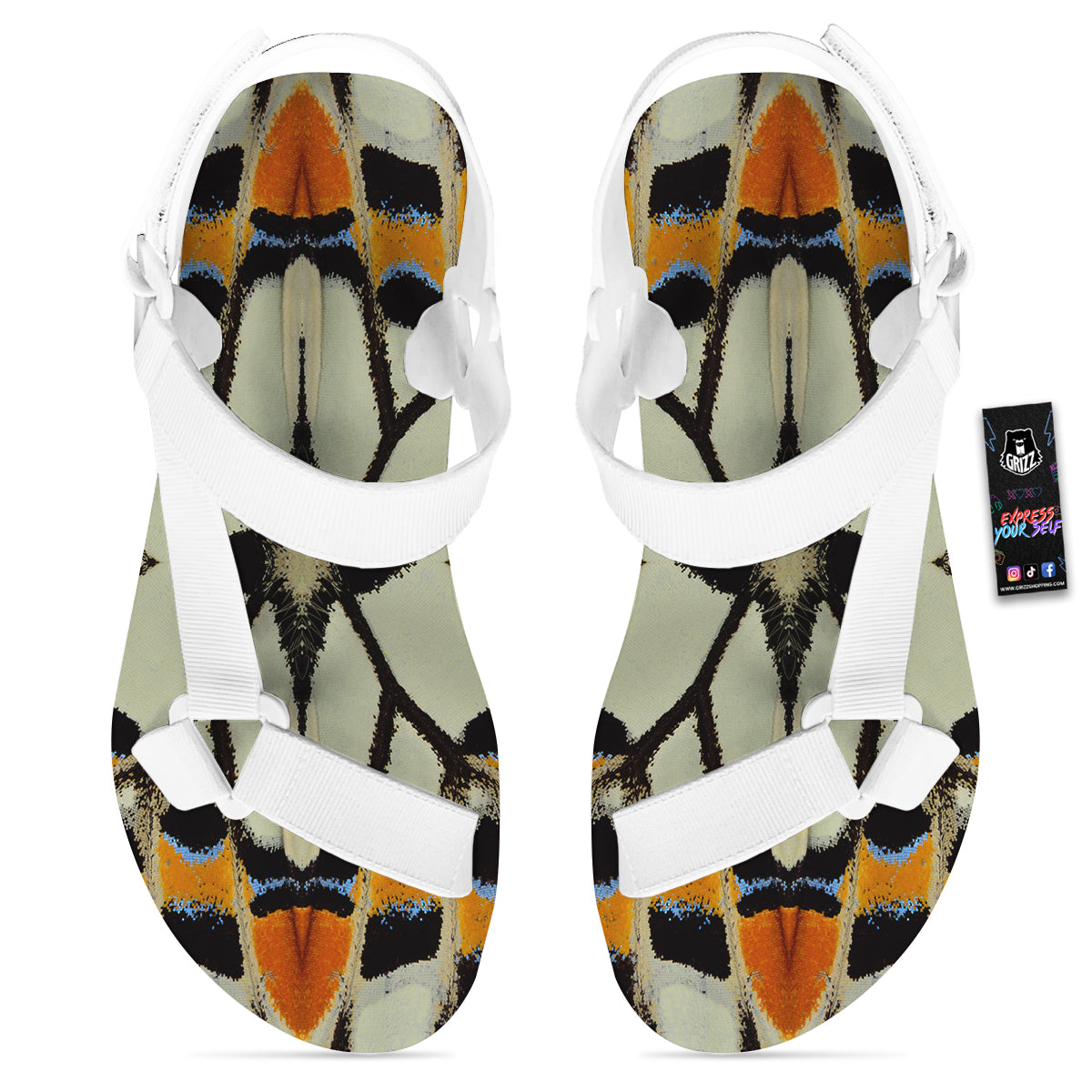 Butterfly Wing Skin White Orange Print White Open Toe Sandals-grizzshop