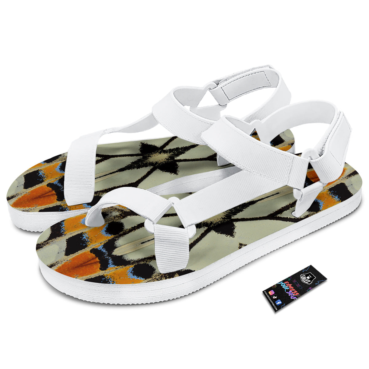 Butterfly Wing Skin White Orange Print White Open Toe Sandals-grizzshop