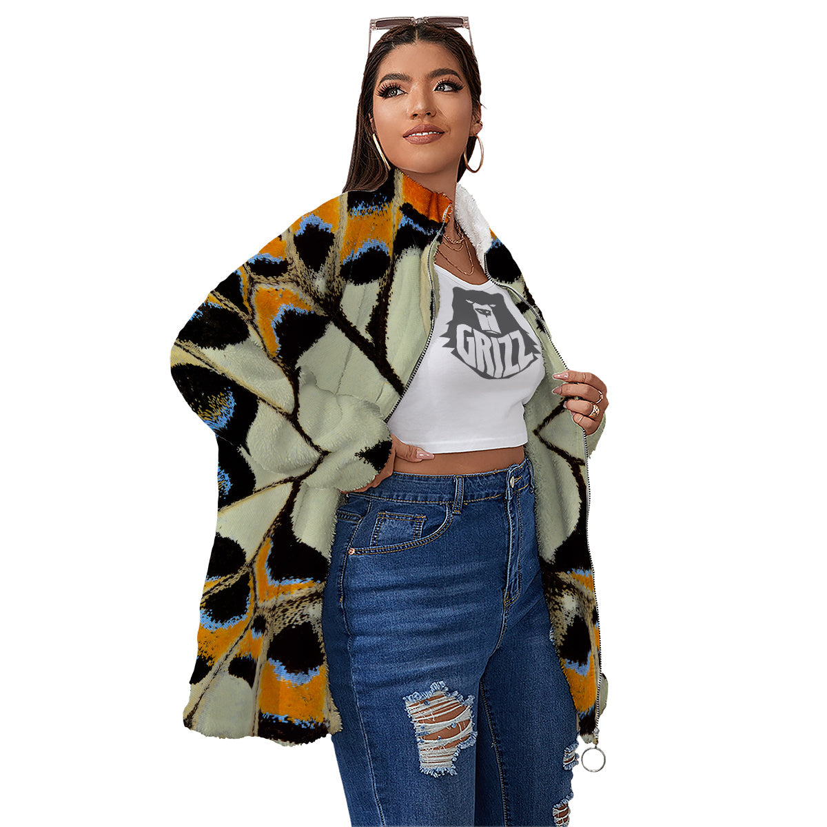 Butterfly Wing Skin White Orange Print Women's Sherpa Jacket-grizzshop