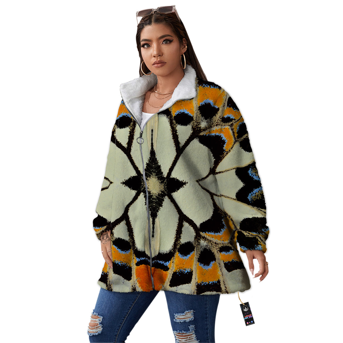 Butterfly Wing Skin White Orange Print Women's Sherpa Jacket-grizzshop