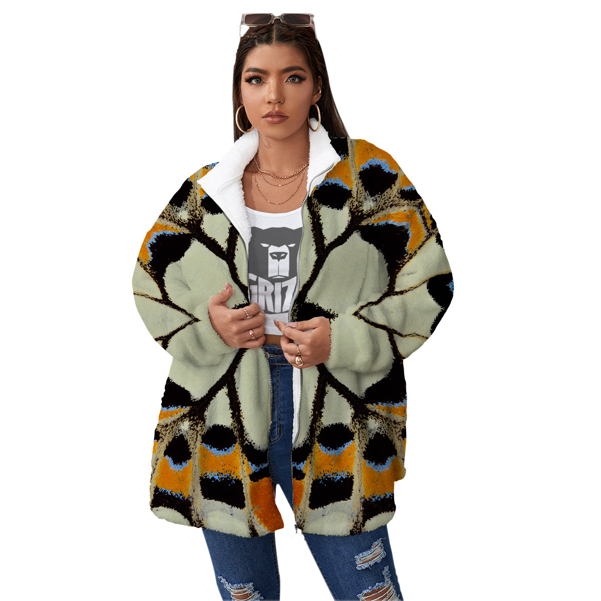 Butterfly Wing Skin White Orange Print Women's Sherpa Jacket-grizzshop