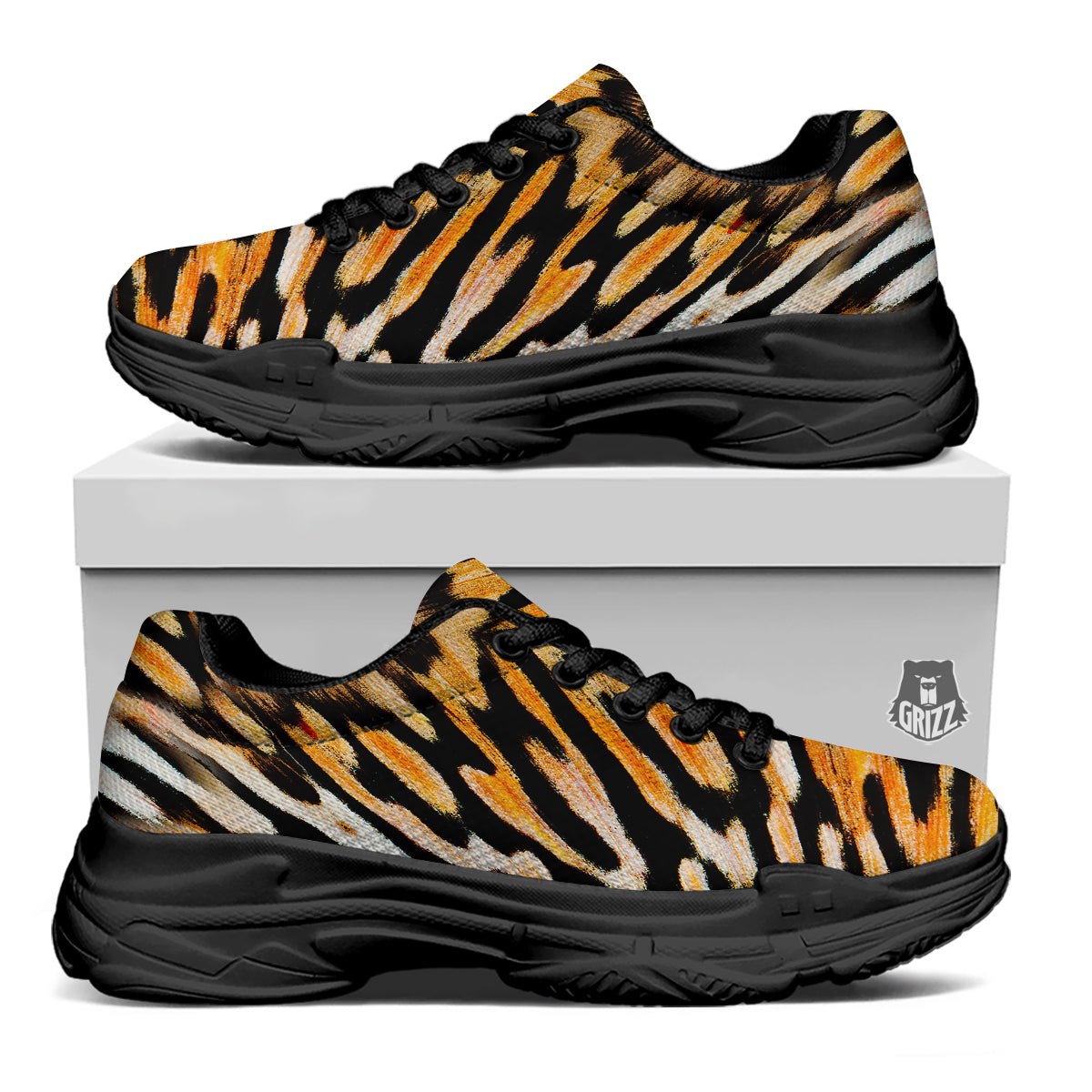 Butterfly Wing Skin White Orange Tiger Print Black Chunky Shoes-grizzshop