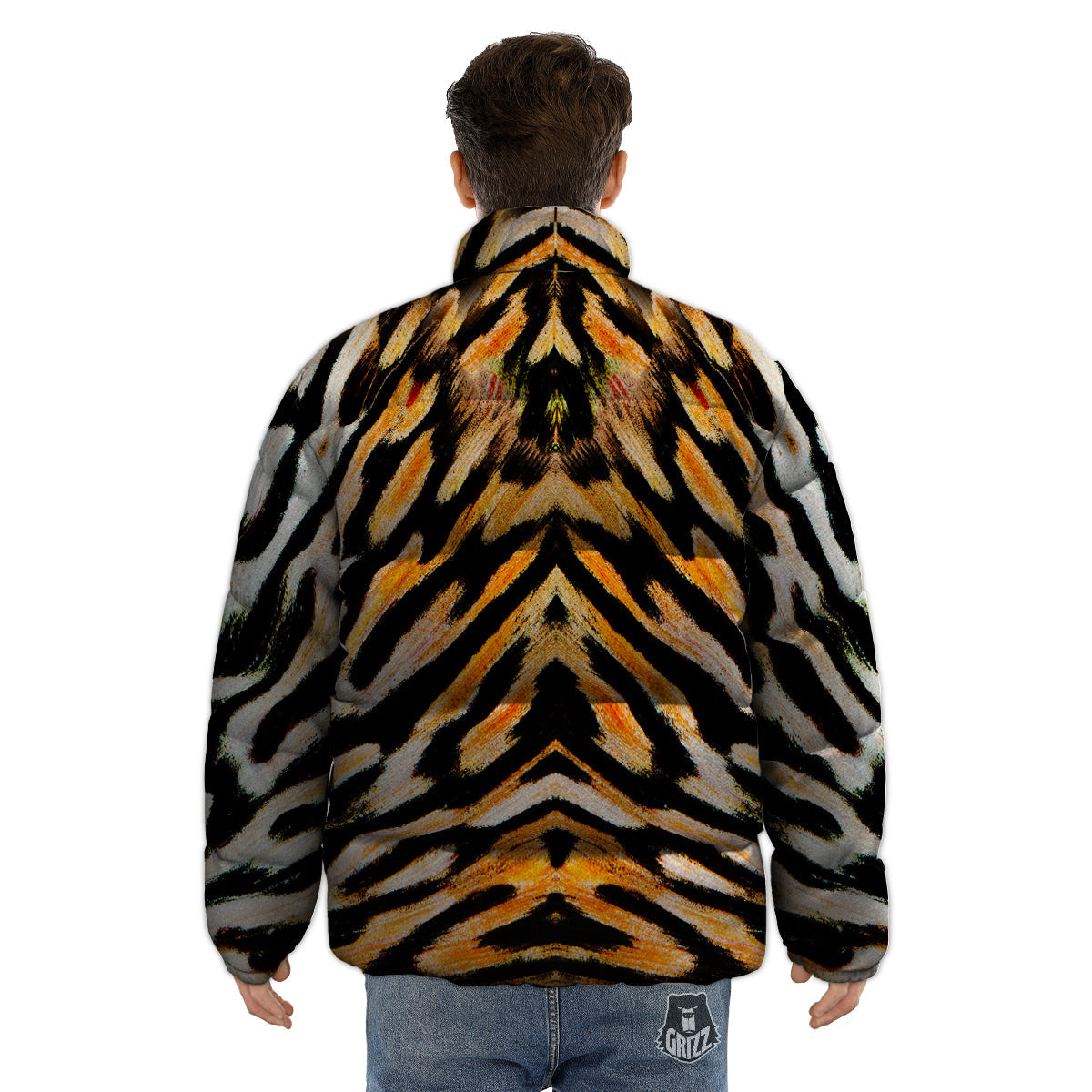 Butterfly Wing Skin White Orange Tiger Print Puffer Jacket-grizzshop