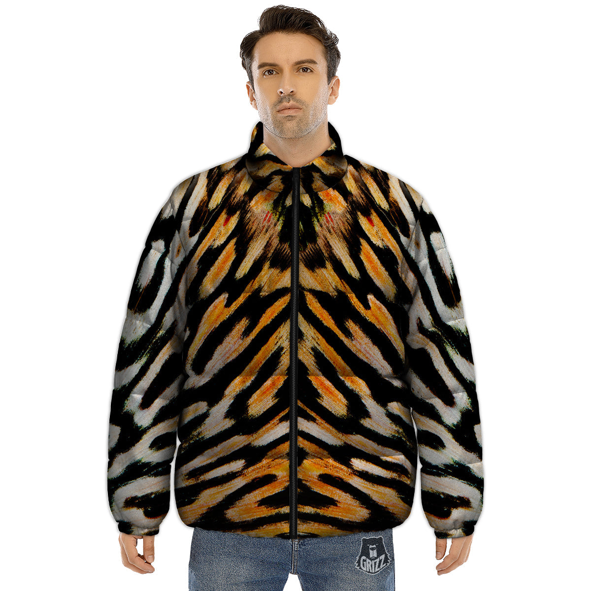 Butterfly Wing Skin White Orange Tiger Print Puffer Jacket-grizzshop
