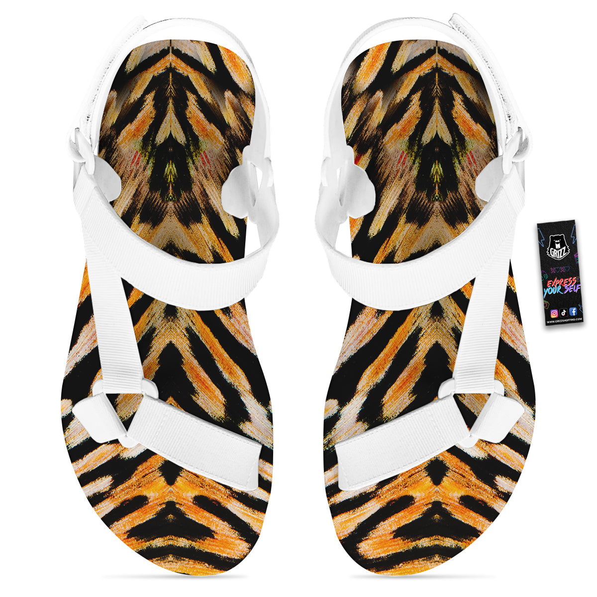 Butterfly Wing Skin White Orange Tiger Print White Open Toe Sandals-grizzshop
