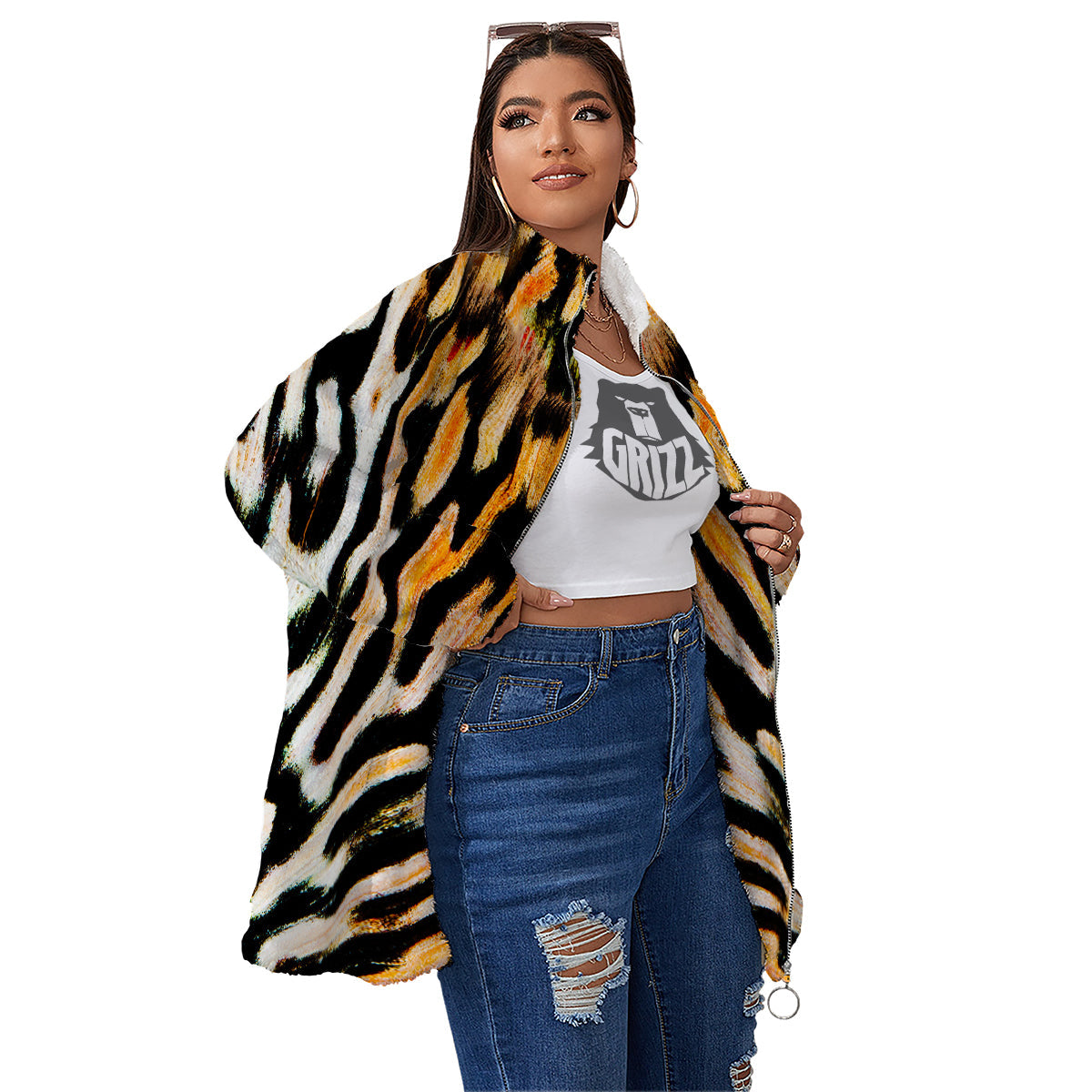 Butterfly Wing Skin White Orange Tiger Print Women's Sherpa Jacket-grizzshop