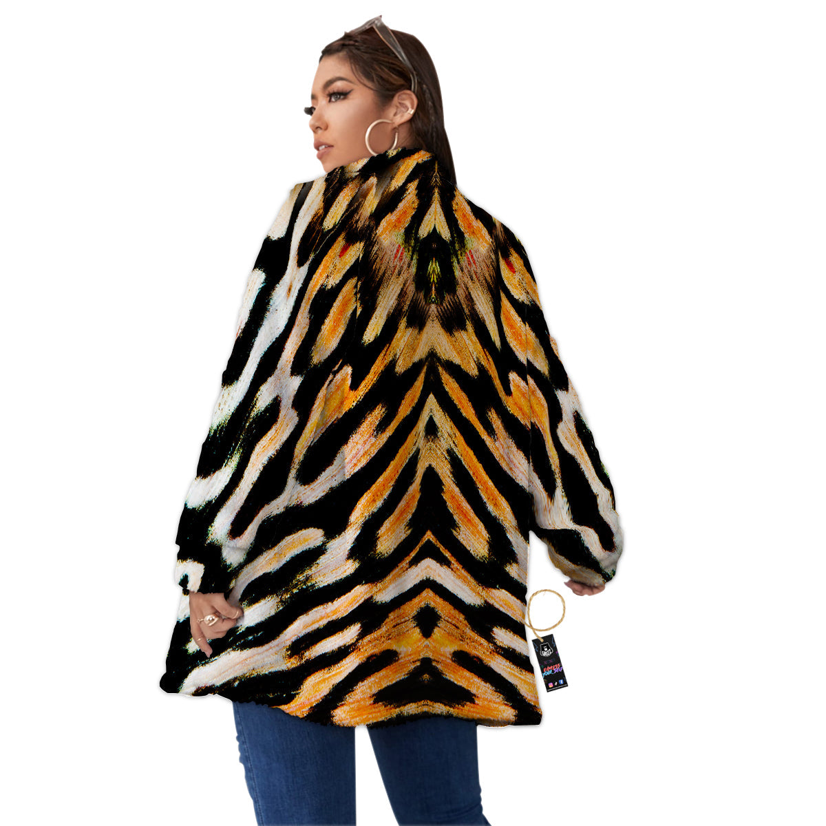 Butterfly Wing Skin White Orange Tiger Print Women's Sherpa Jacket-grizzshop