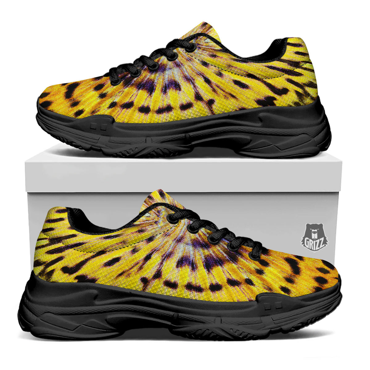 Butterfly Wing Skin Yellow Print Black Chunky Shoes-grizzshop