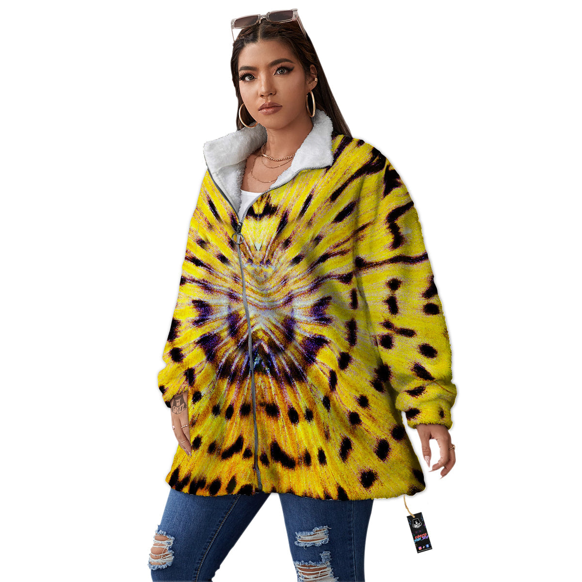 Butterfly Wing Skin Yellow Print Women's Sherpa Jacket-grizzshop