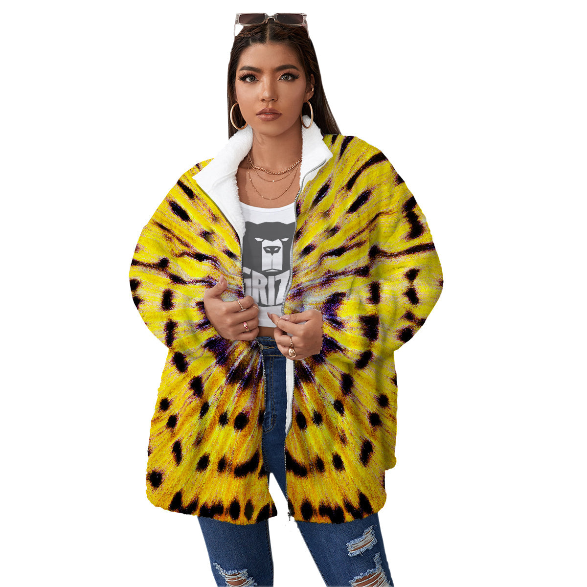 Butterfly Wing Skin Yellow Print Women's Sherpa Jacket-grizzshop