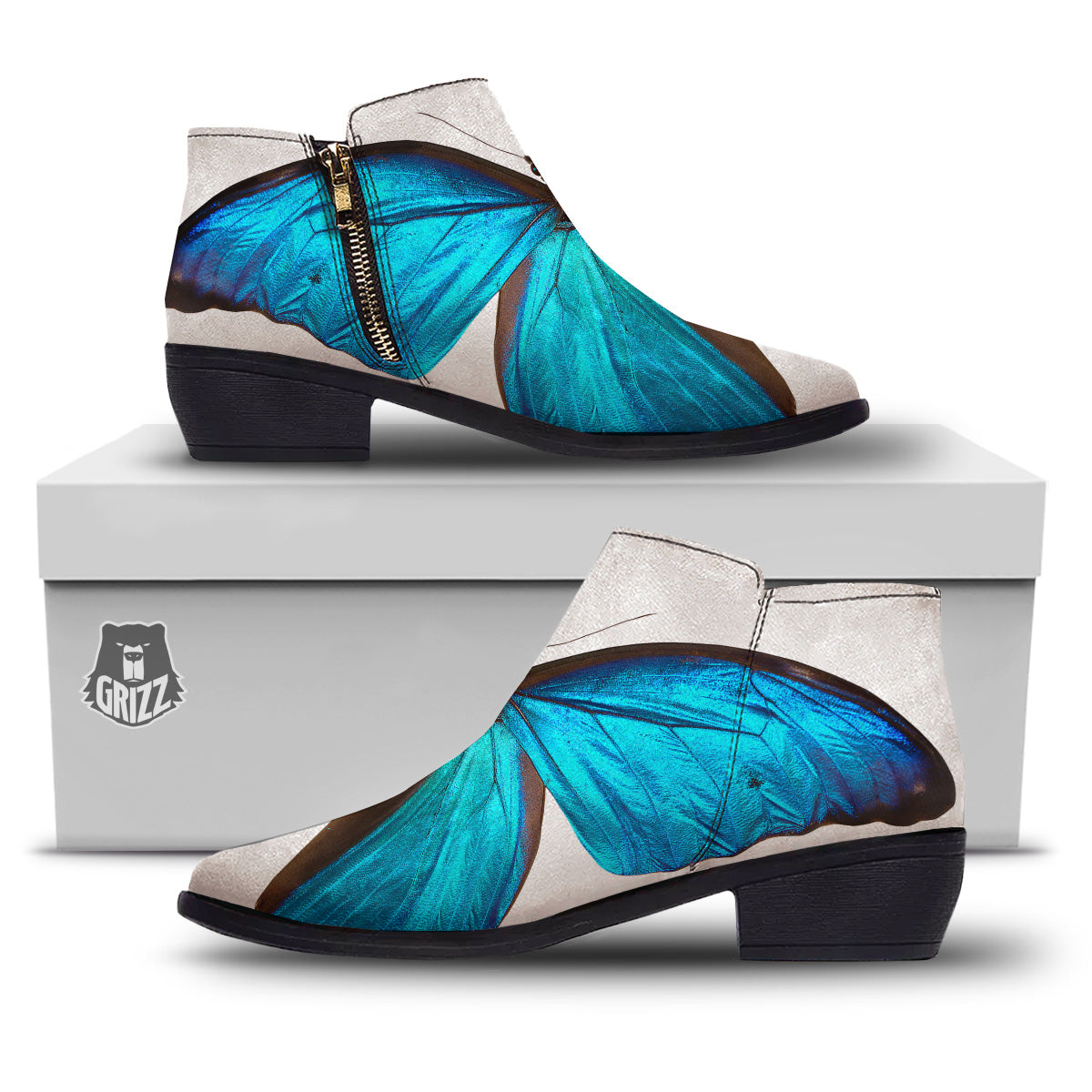 Butterfly Wings Blue Monarch Print Ankle Boots-grizzshop