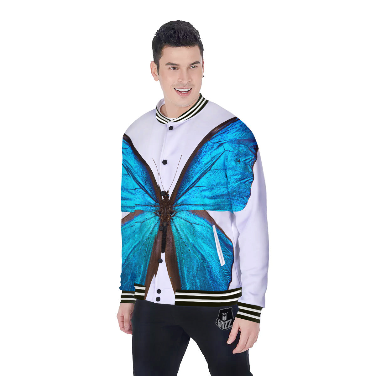Butterfly Wings Blue Monarch Print Baseball Jacket-grizzshop