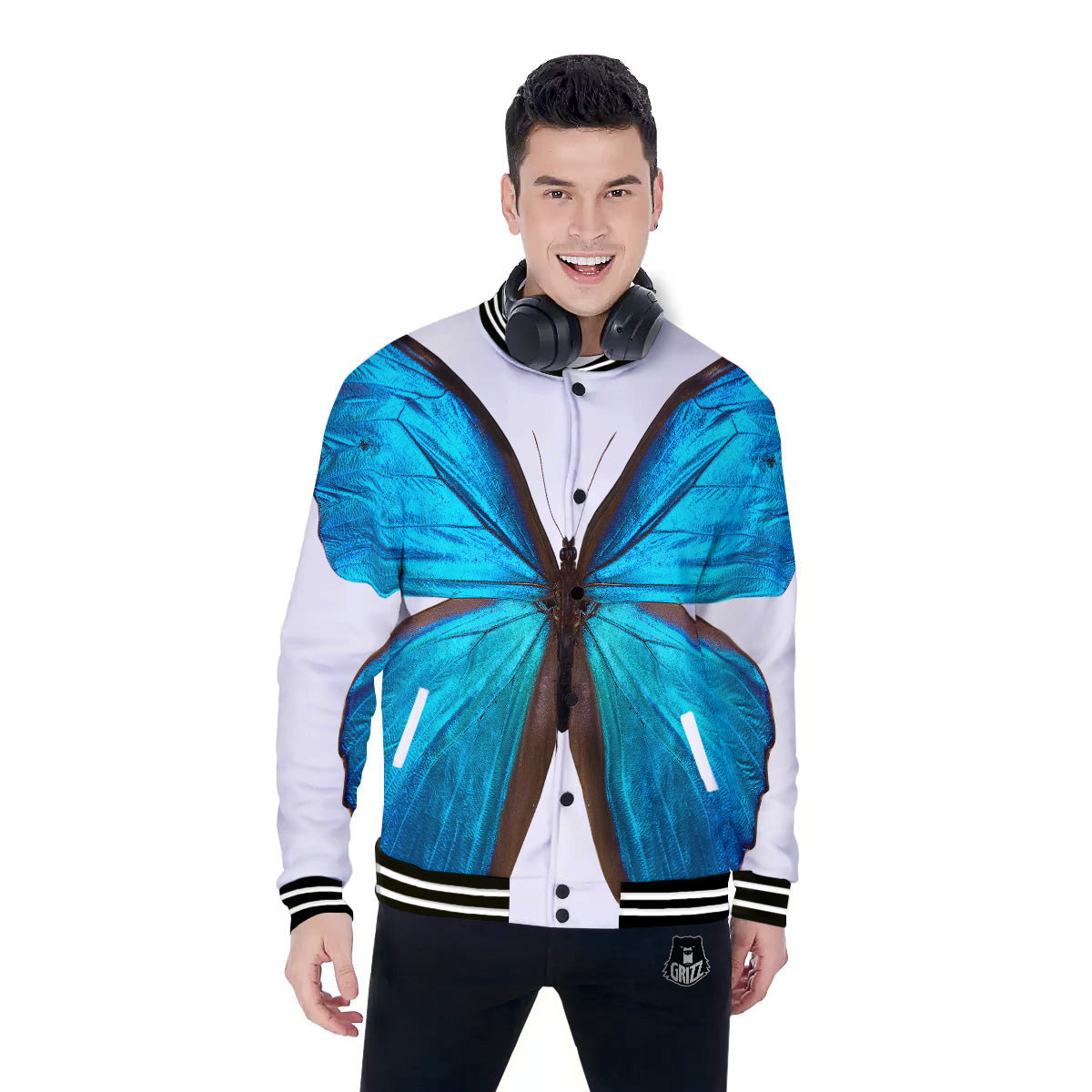Butterfly Wings Blue Monarch Print Baseball Jacket-grizzshop