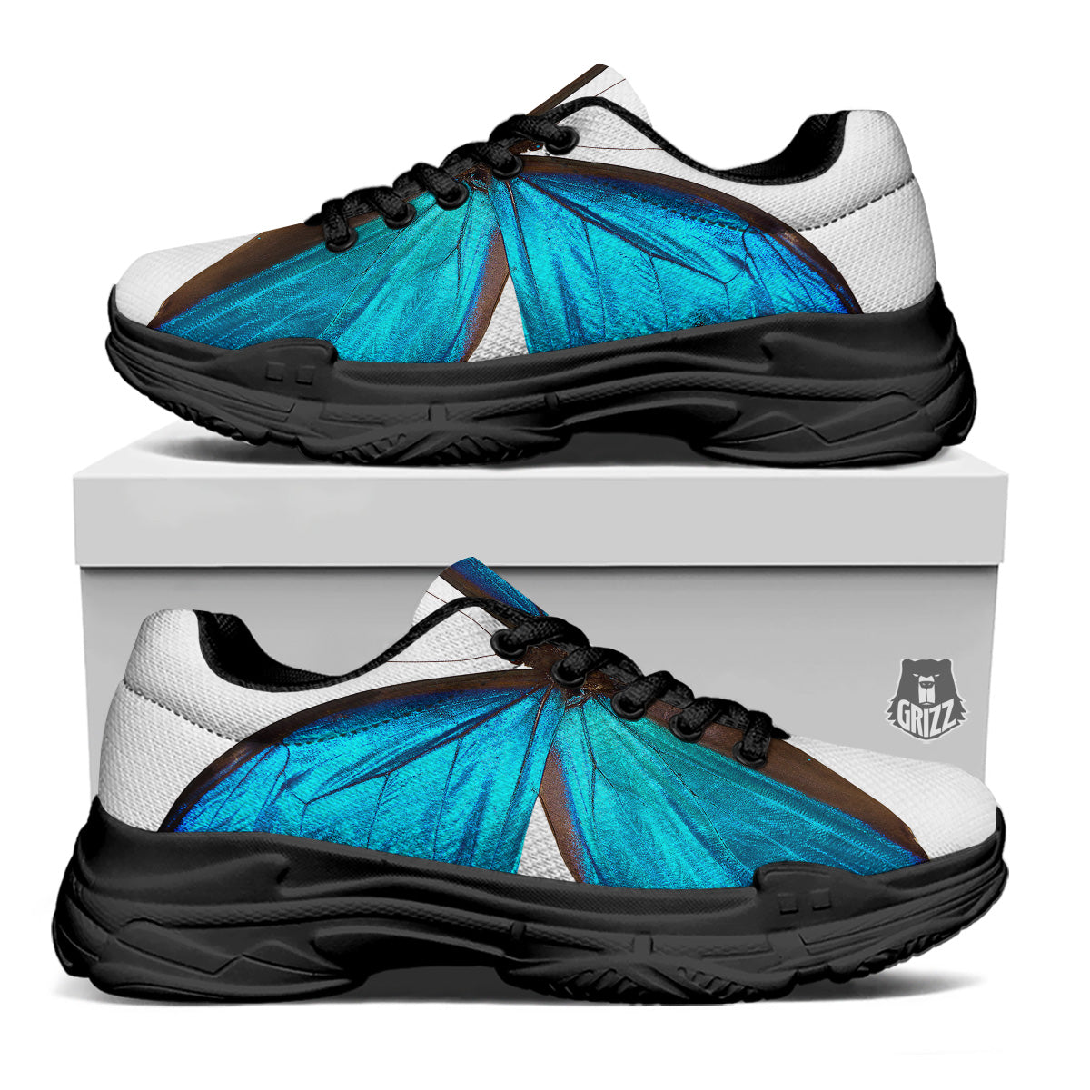 Butterfly Wings Blue Monarch Print Black Chunky Shoes-grizzshop