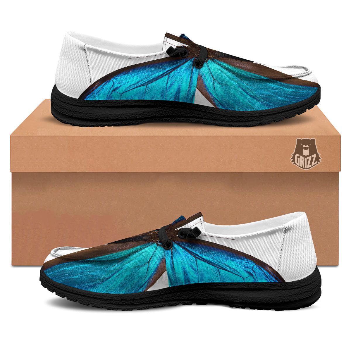 Butterfly Wings Blue Monarch Print Black Loafers-grizzshop