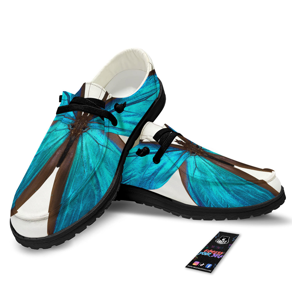 Butterfly Wings Blue Monarch Print Black Loafers-grizzshop