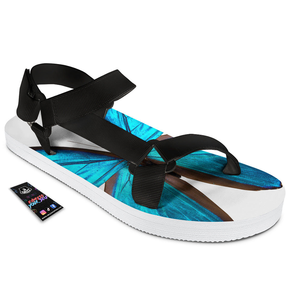 Butterfly Wings Blue Monarch Print Black Open Toe Sandals-grizzshop