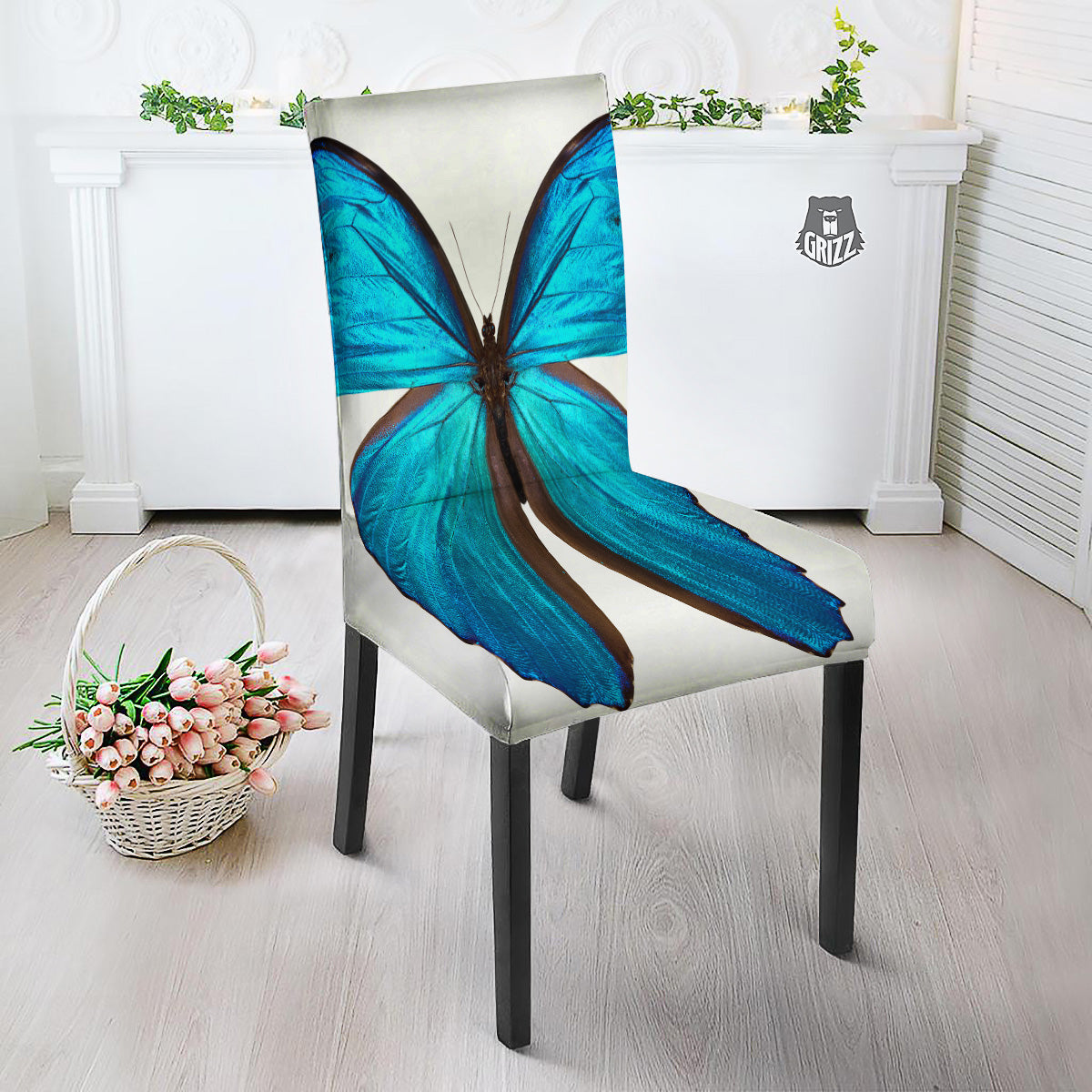 Butterfly Wings Blue Monarch Print Dining Chair Slipcover-grizzshop