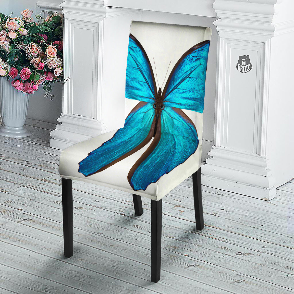 Butterfly Wings Blue Monarch Print Dining Chair Slipcover-grizzshop
