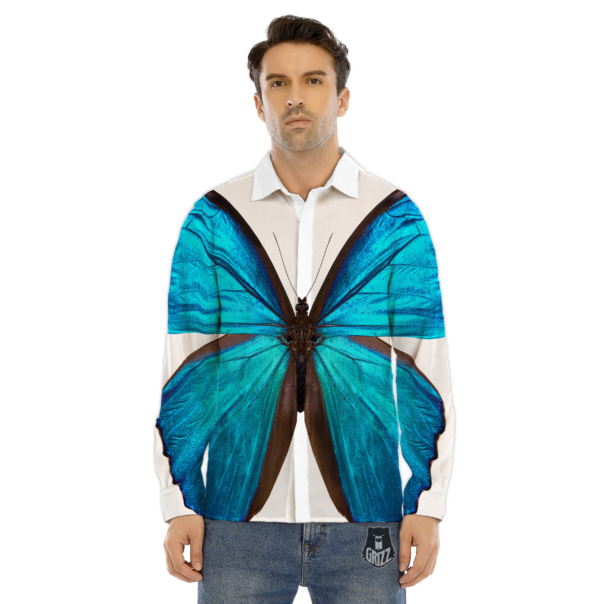 Butterfly Wings Blue Monarch Print Men's Dress Shirts-grizzshop