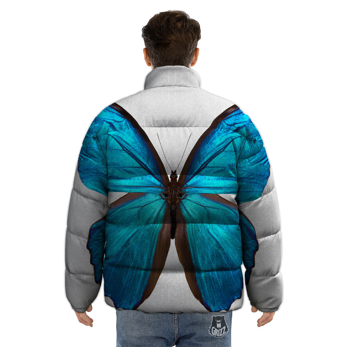 Butterfly Wings Blue Monarch Print Puffer Jacket-grizzshop