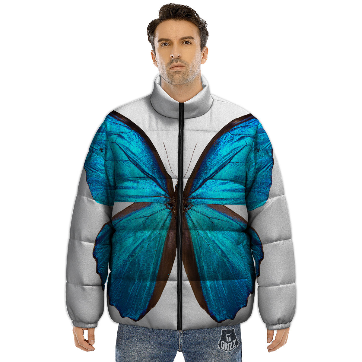 Butterfly Wings Blue Monarch Print Puffer Jacket-grizzshop