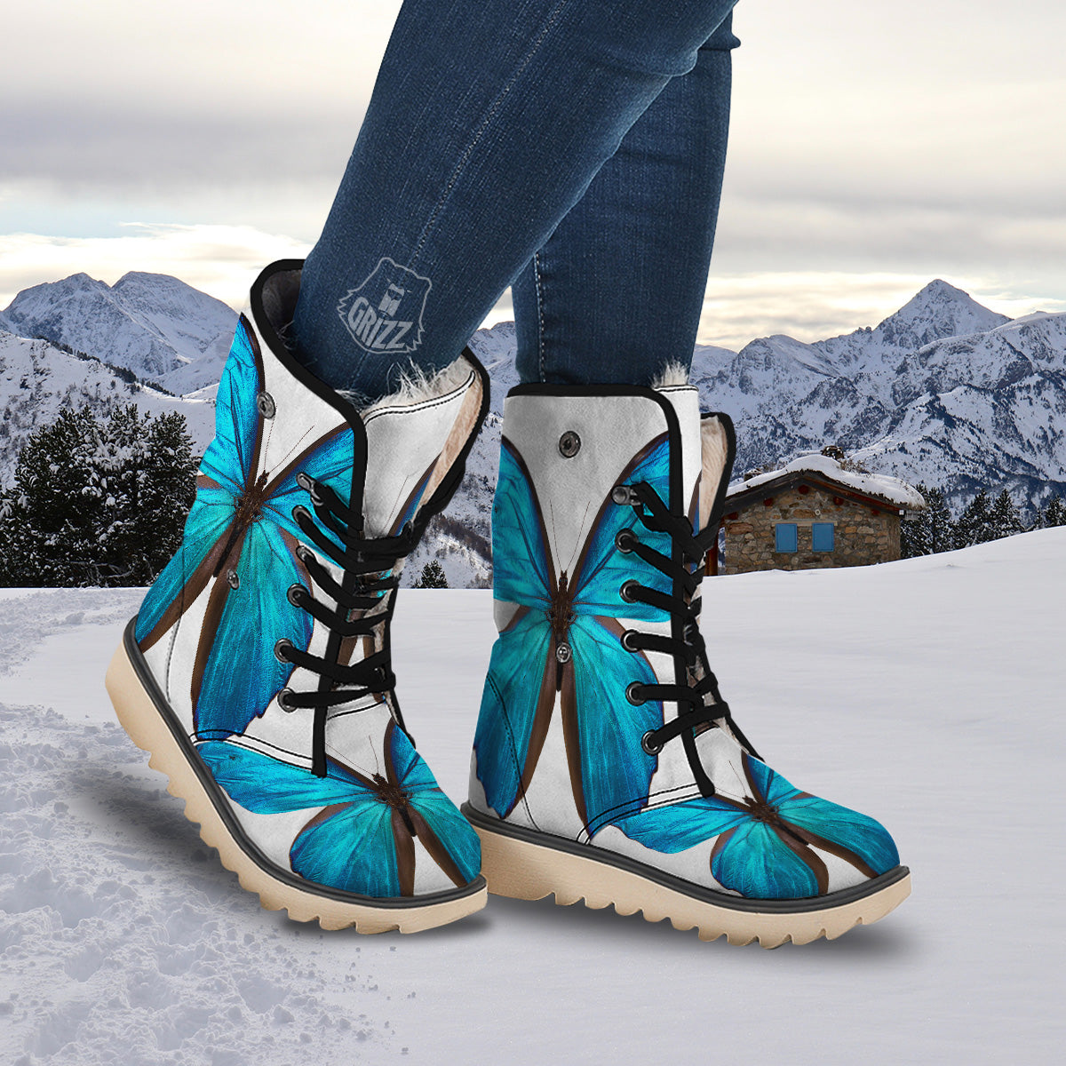 Butterfly Wings Blue Monarch Print Snow Boots-grizzshop