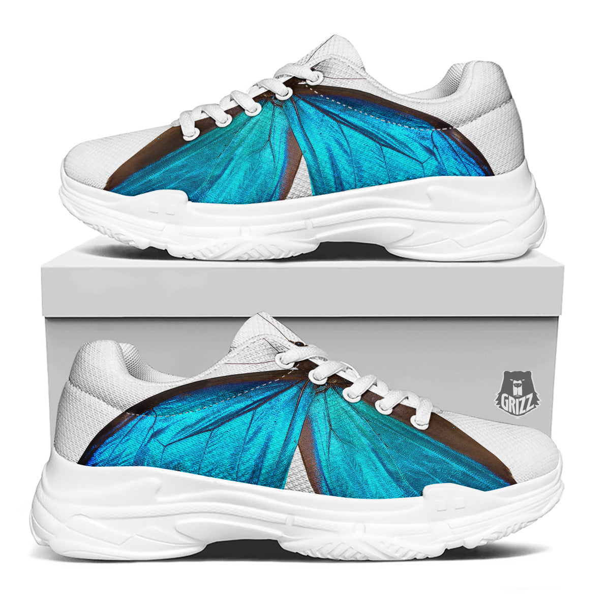 Butterfly Wings Blue Monarch Print White Chunky Shoes-grizzshop