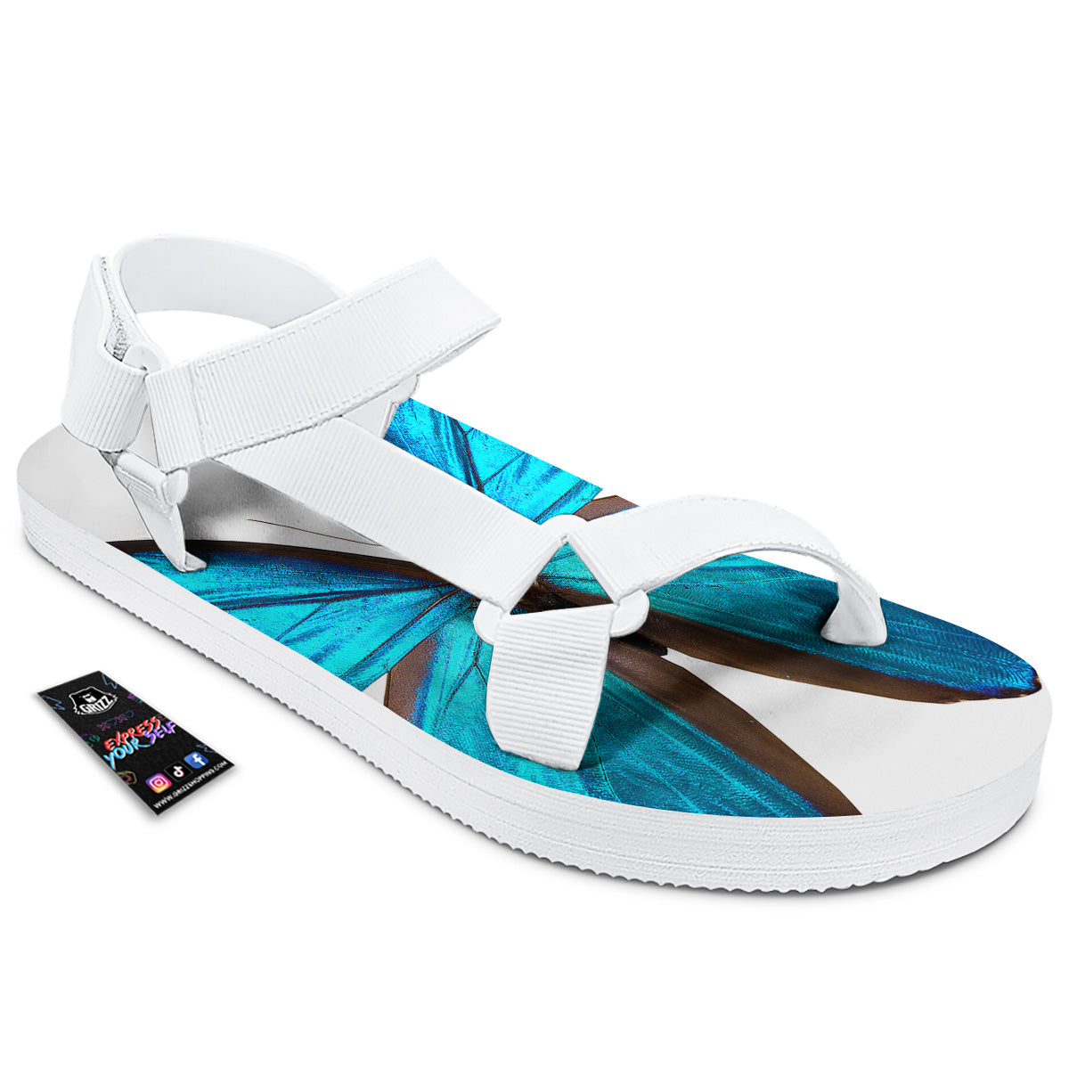 Butterfly Wings Blue Monarch Print White Open Toe Sandals-grizzshop