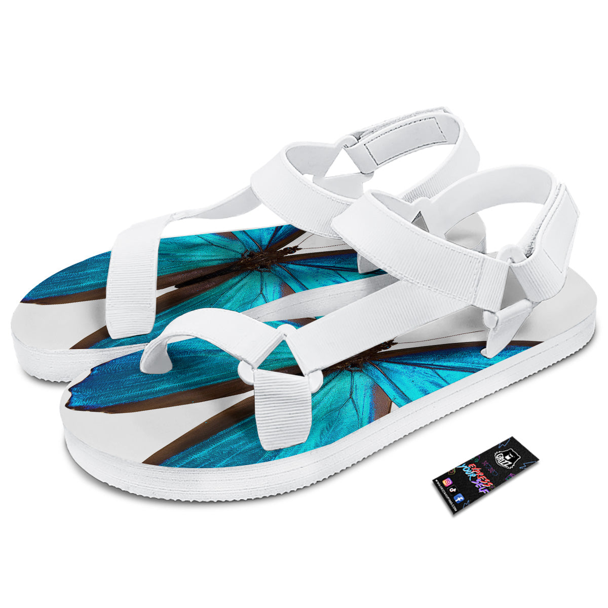 Butterfly Wings Blue Monarch Print White Open Toe Sandals-grizzshop