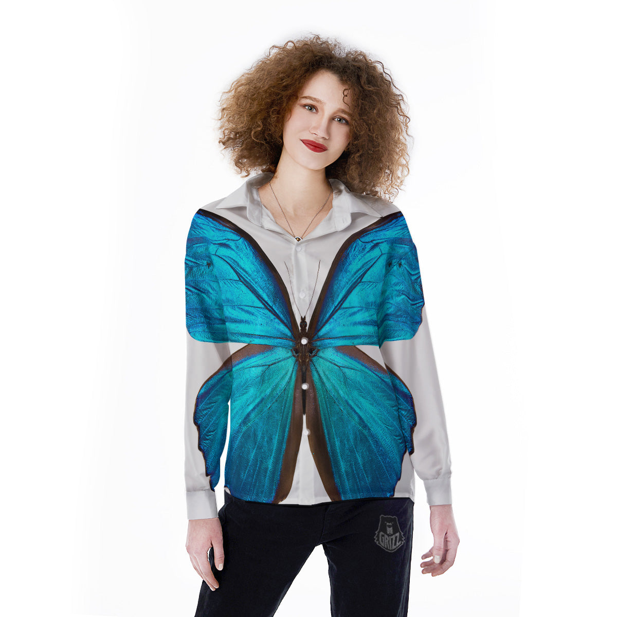 Butterfly Wings Blue Monarch Print Women's Long Sleeve Shirts-grizzshop