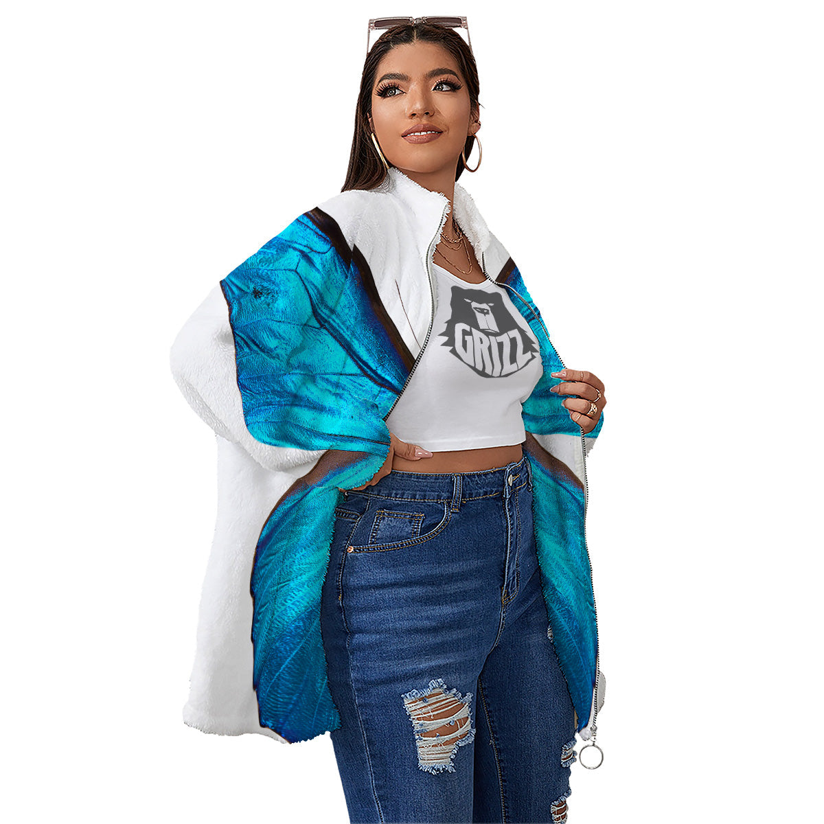 Butterfly Wings Blue Monarch Print Women's Sherpa Jacket-grizzshop