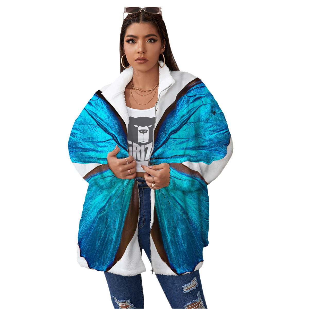 Butterfly Wings Blue Monarch Print Women's Sherpa Jacket-grizzshop