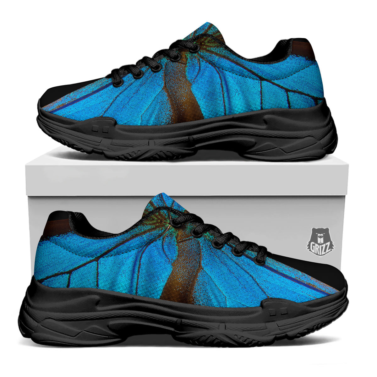 Butterfly Wings Blue Print Black Chunky Shoes-grizzshop