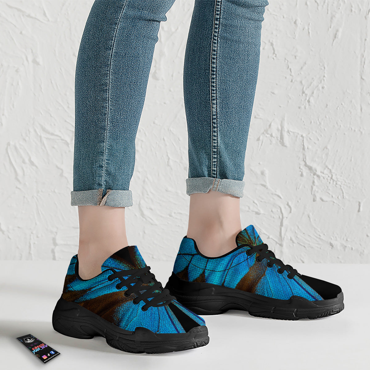 Butterfly Wings Blue Print Black Chunky Shoes-grizzshop