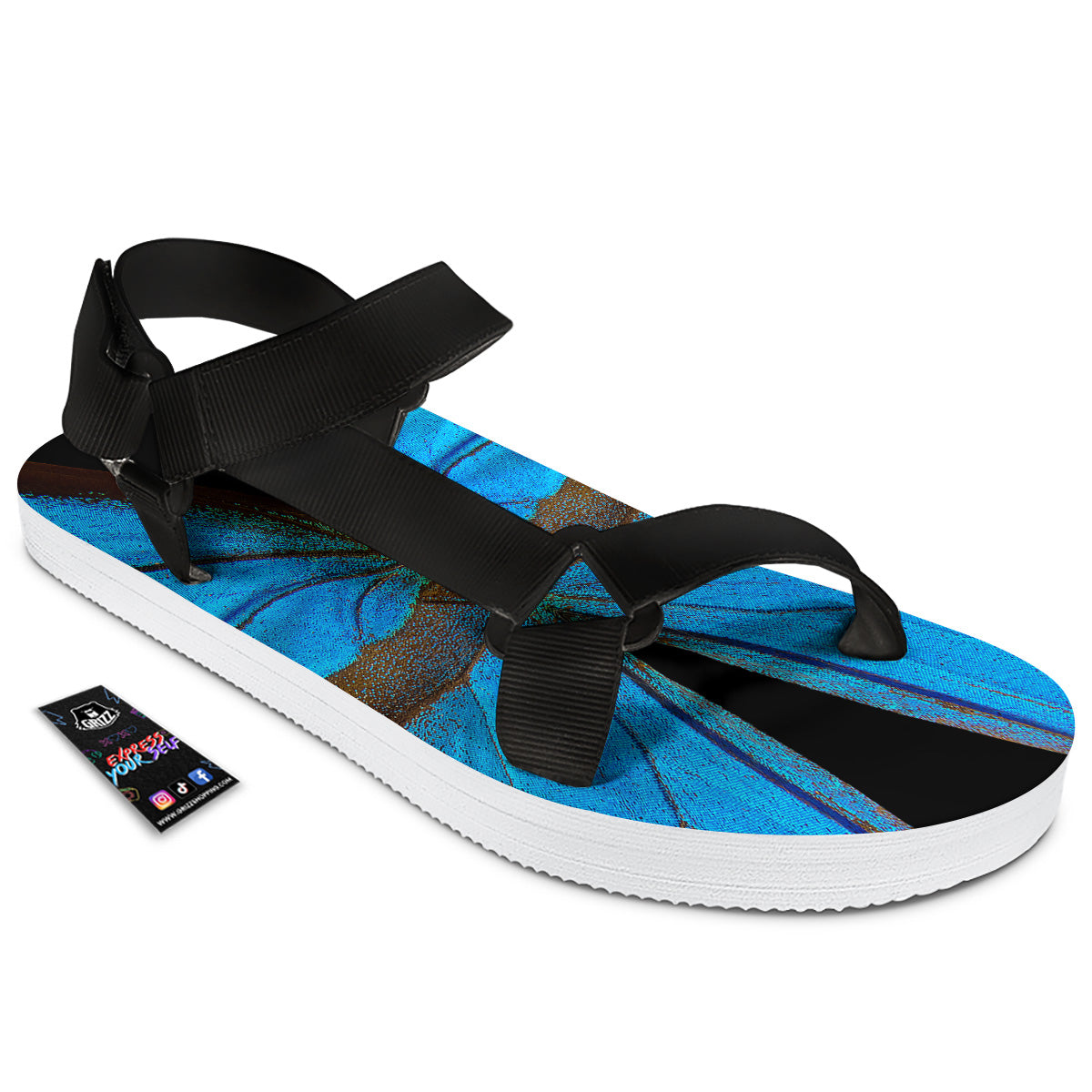 Butterfly Wings Blue Print Black Open Toe Sandals-grizzshop