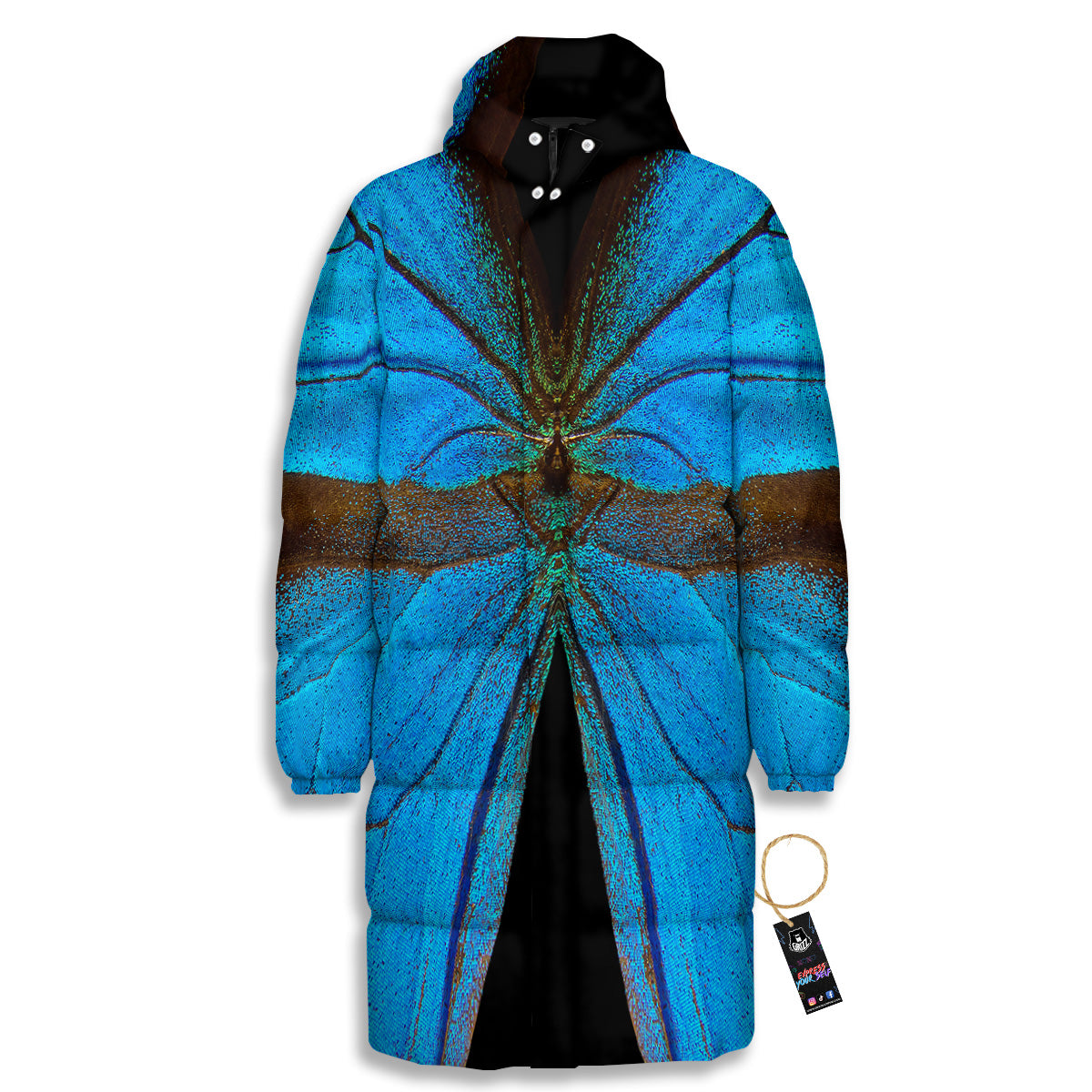 Butterfly Wings Blue Print Long Down Jacket-grizzshop