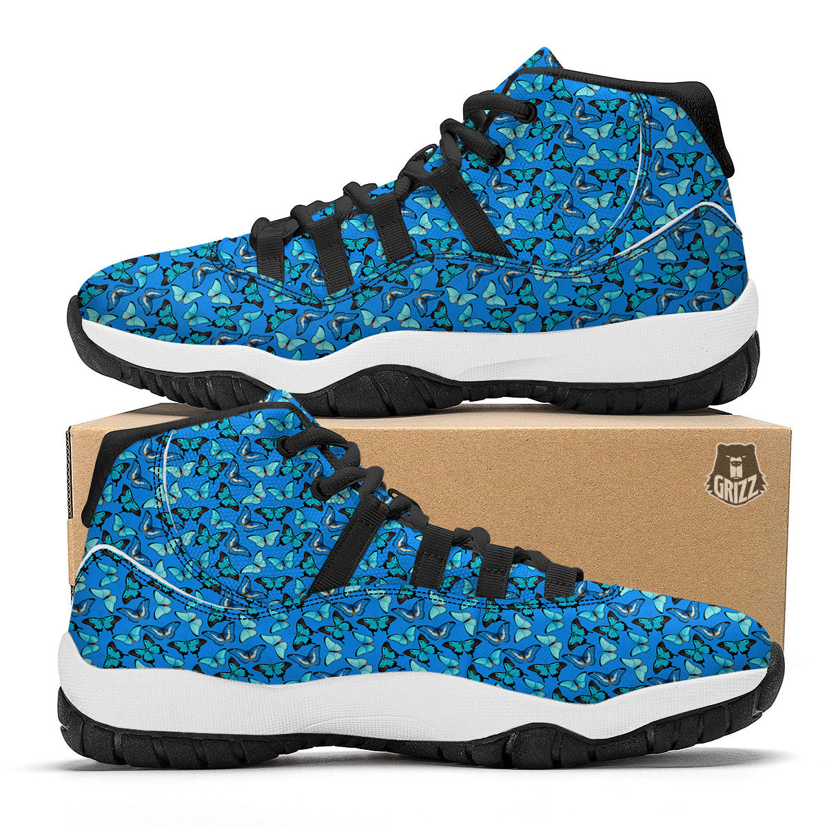 Butterfly Wings Blue Print Pattern Black Bball Shoes-grizzshop