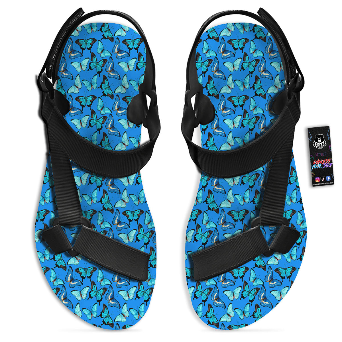Butterfly Wings Blue Print Pattern Black Open Toe Sandals-grizzshop