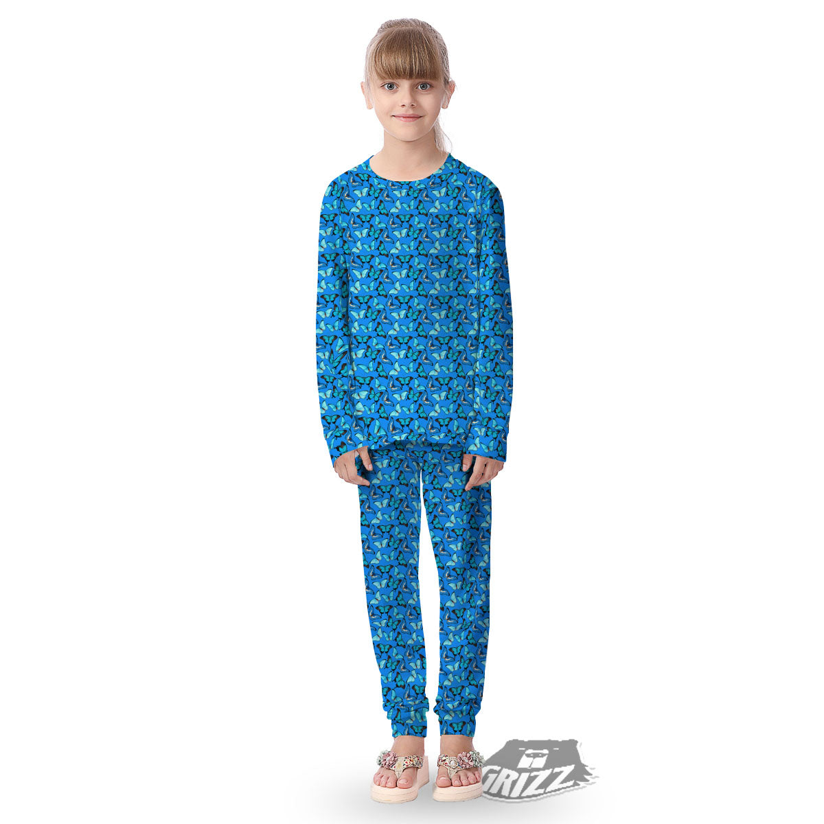 Butterfly Wings Blue Print Pattern Kid's Pajamas-grizzshop