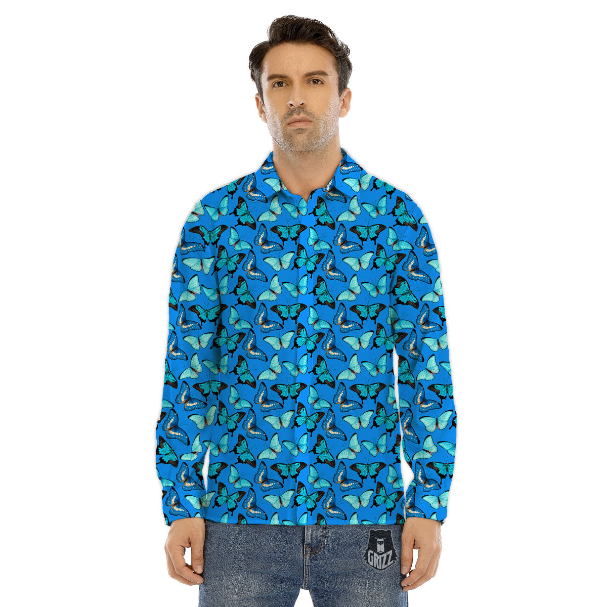 Butterfly Wings Blue Print Pattern Men's Dress Shirts-grizzshop