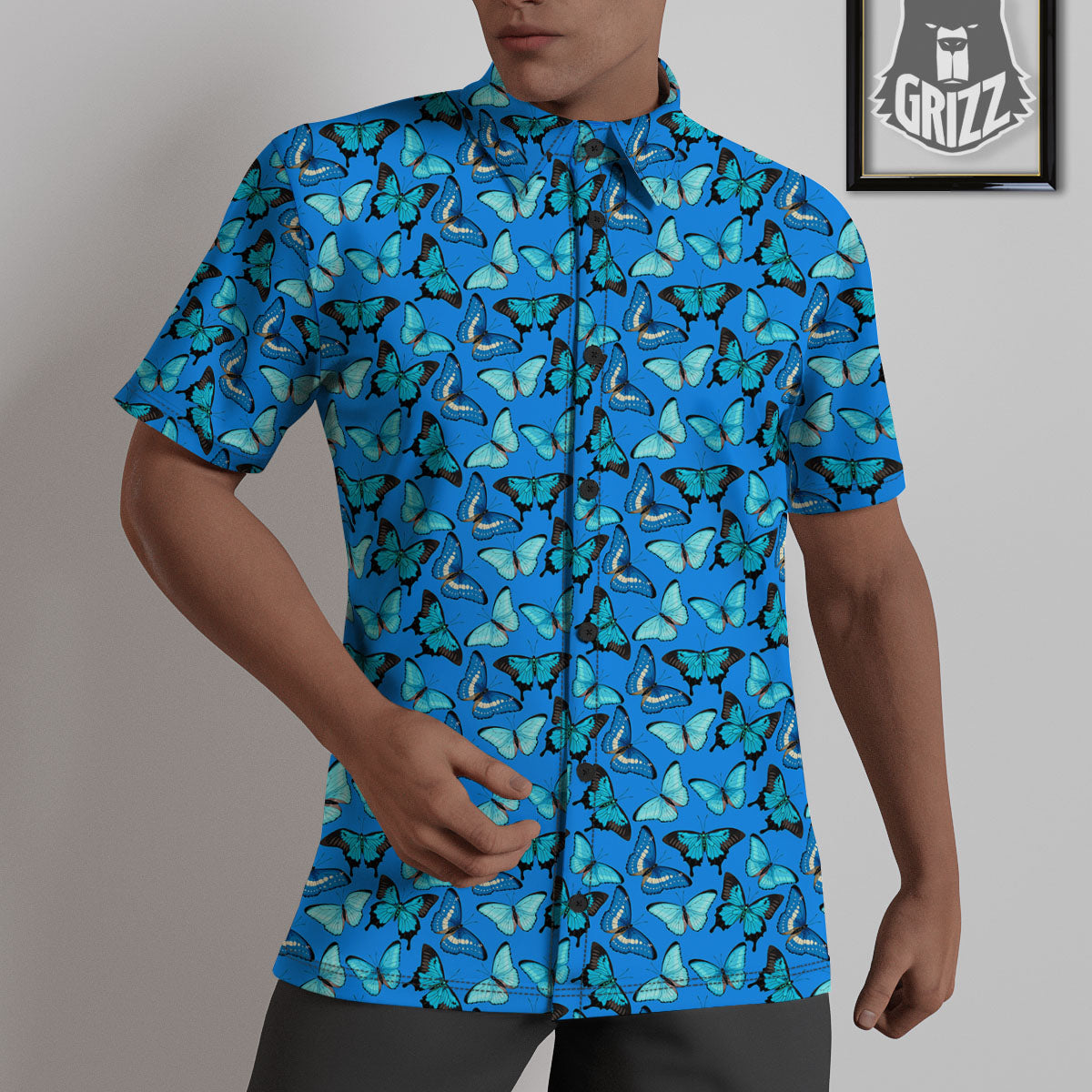 Butterfly Wings Blue Print Pattern Untucked Shirts-grizzshop