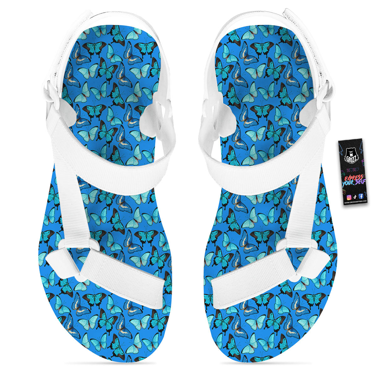 Butterfly Wings Blue Print Pattern White Open Toe Sandals-grizzshop