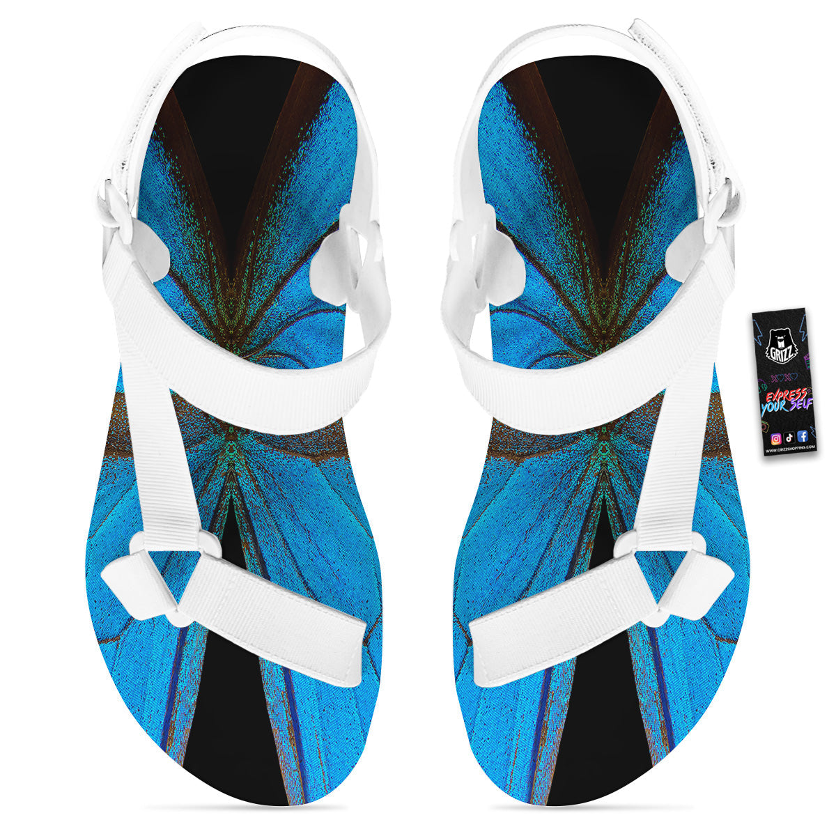 Butterfly Wings Blue Print White Open Toe Sandals-grizzshop