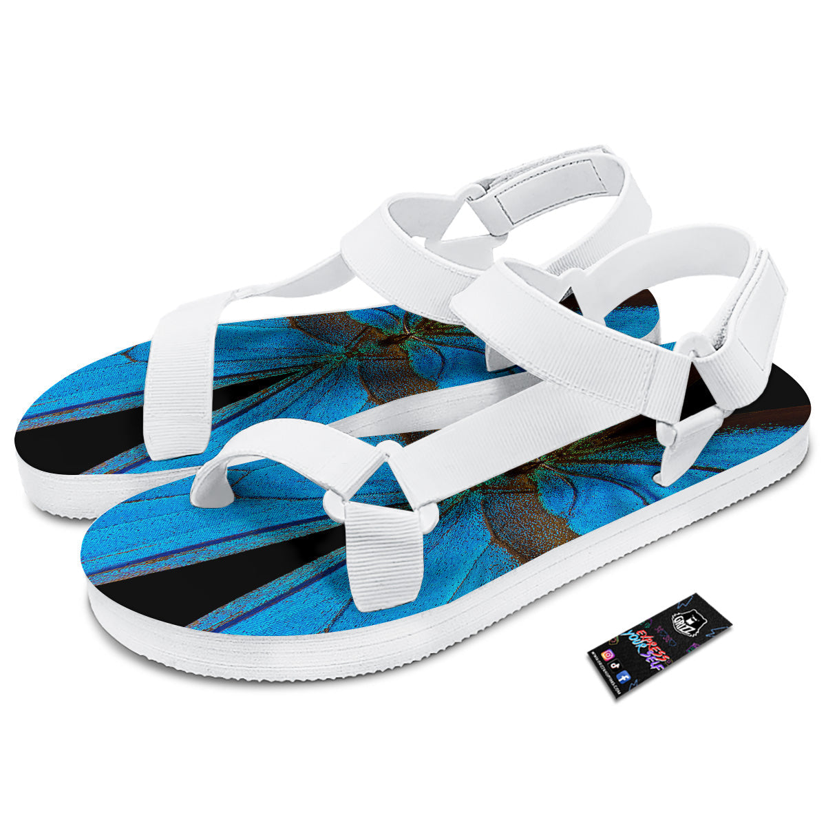 Butterfly Wings Blue Print White Open Toe Sandals-grizzshop