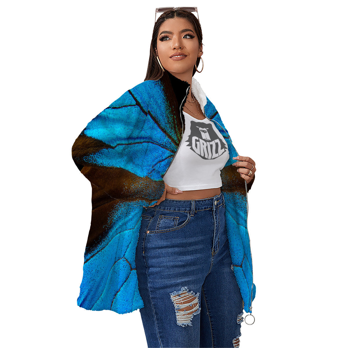 Butterfly Wings Blue Print Women's Sherpa Jacket-grizzshop