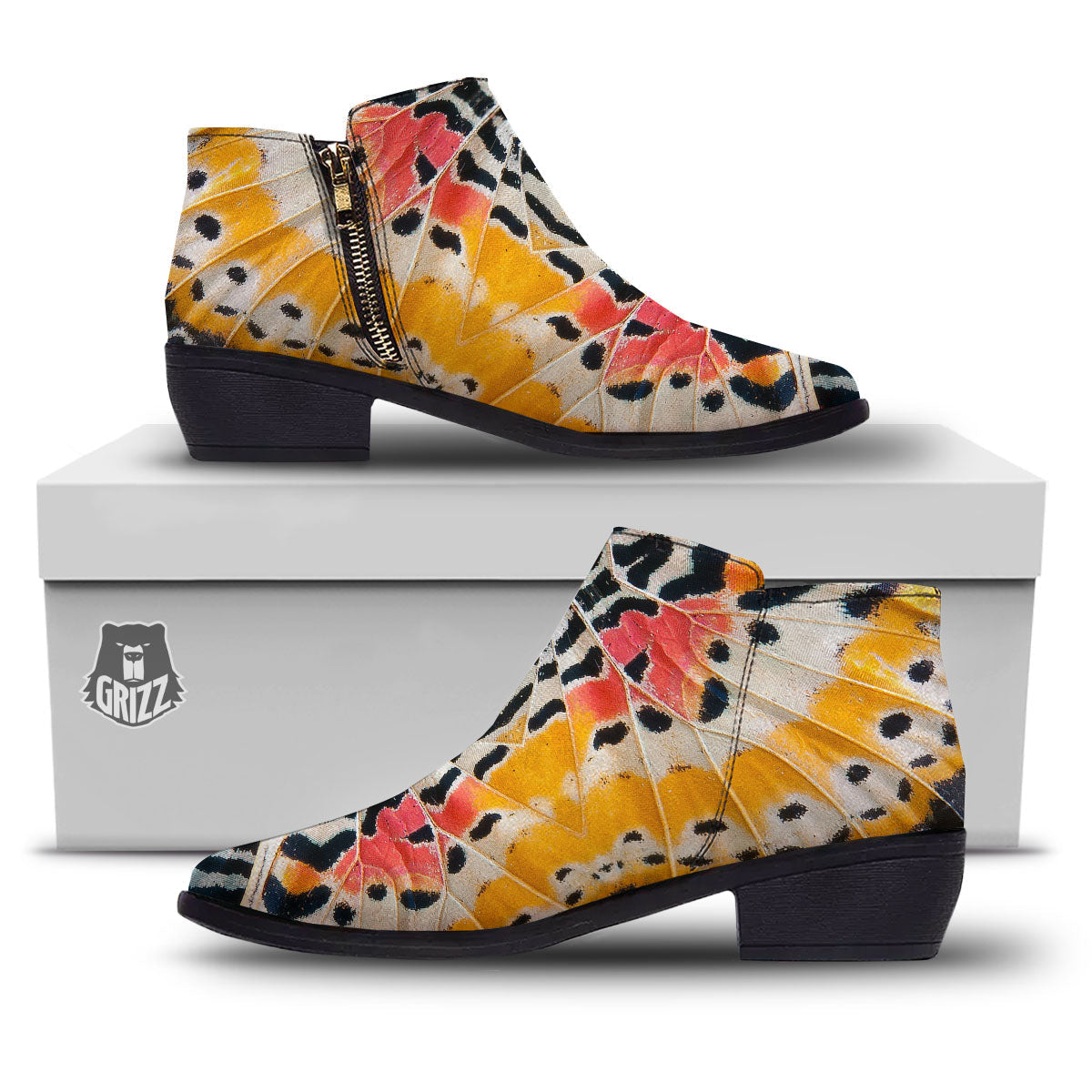 Butterfly Wings Orange Monarch Print Ankle Boots-grizzshop