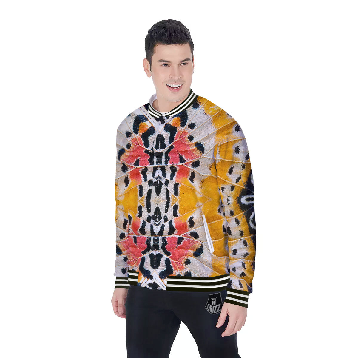 Butterfly Wings Orange Monarch Print Baseball Jacket-grizzshop